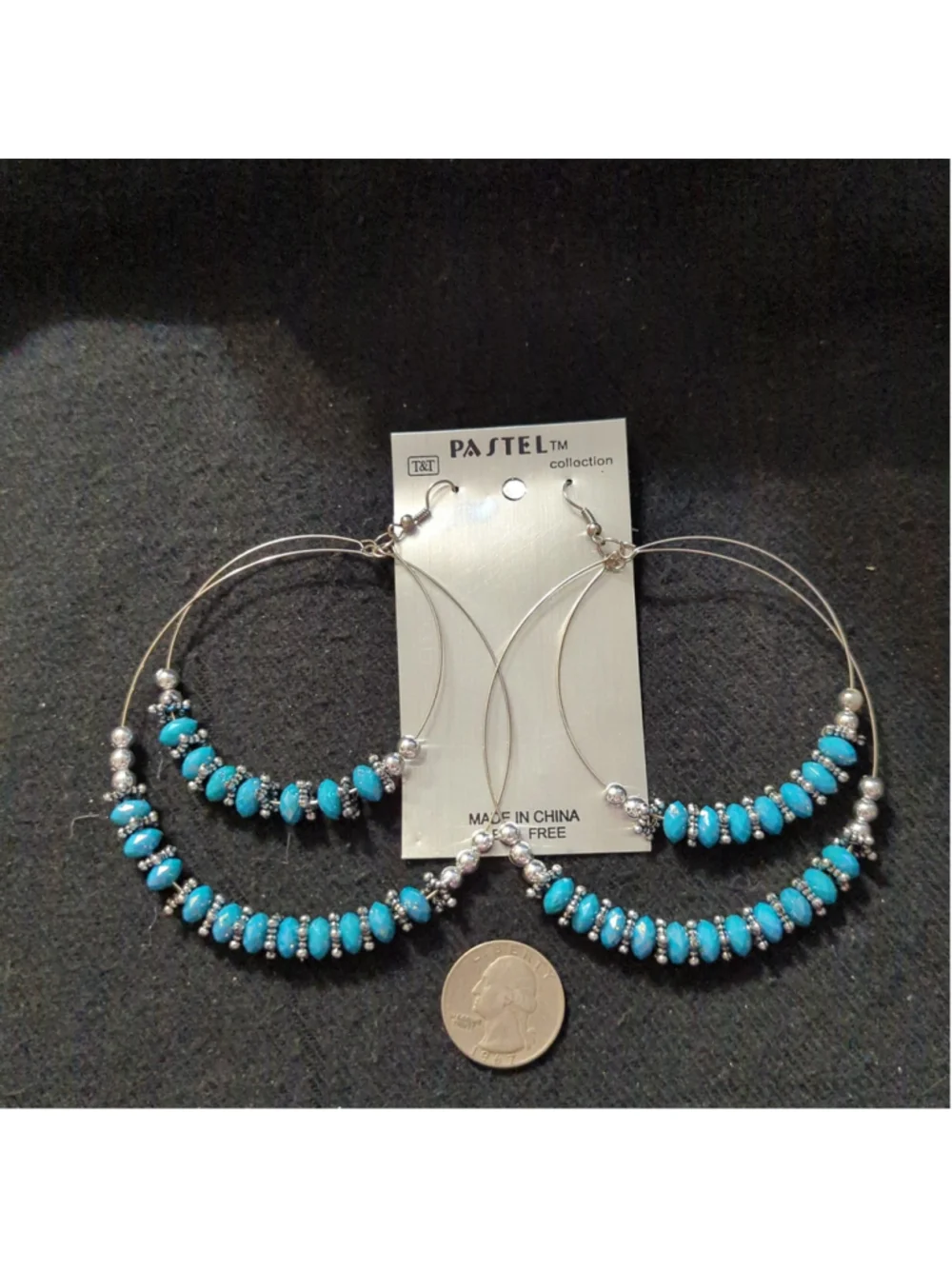 Pastel Collection Silver Tone Blue Beaded Hoop Dangle Statement Earrings